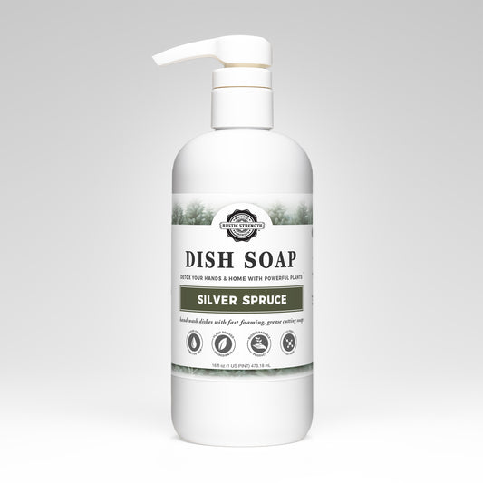 Rustic Strength, Dish Soap, 16oz plastic bottle with pump, Silver Spruce