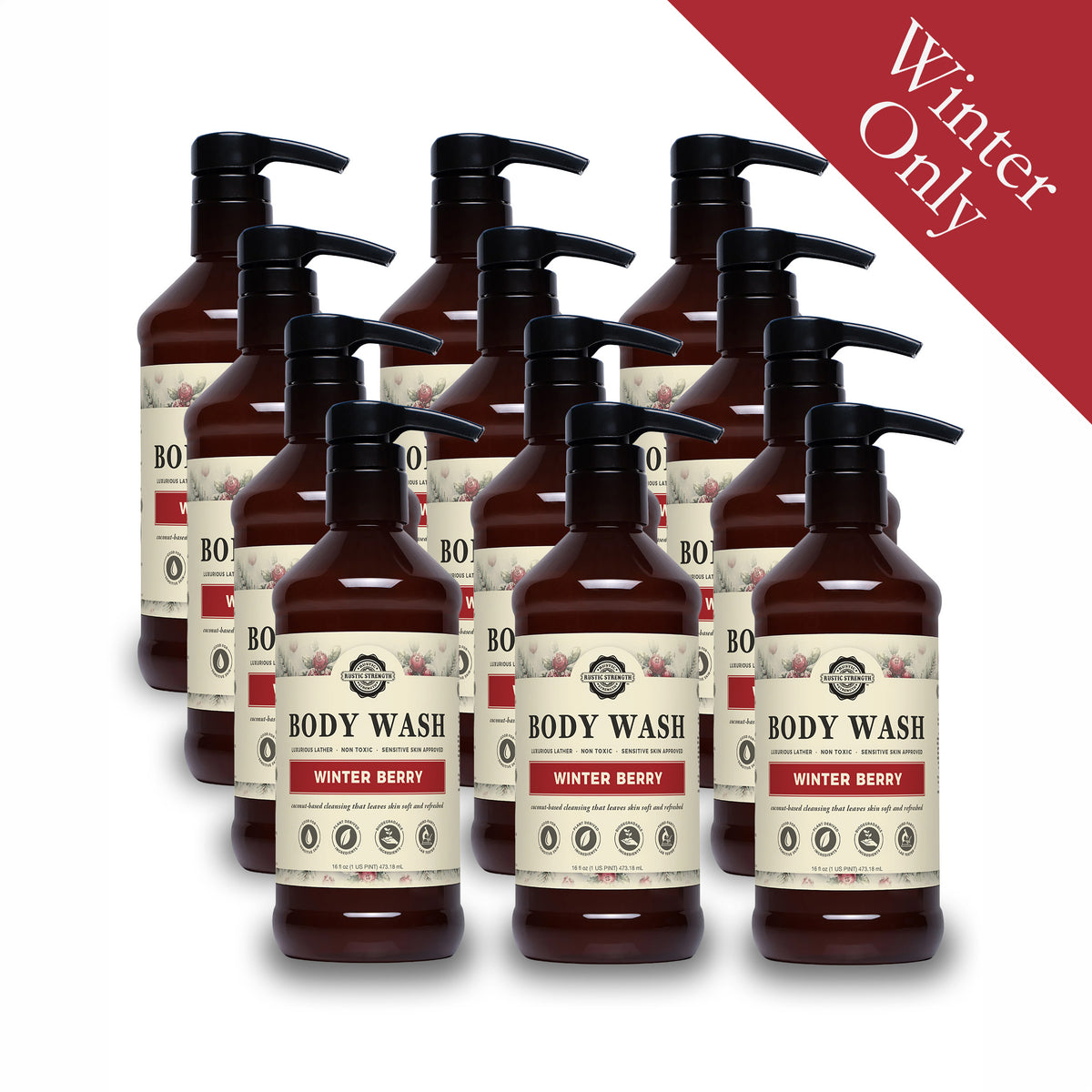 Rustic Strength, Body Wash, 16oz amber plastic bottle with pump, Winter Berry, 12-pack with Winter Only badge