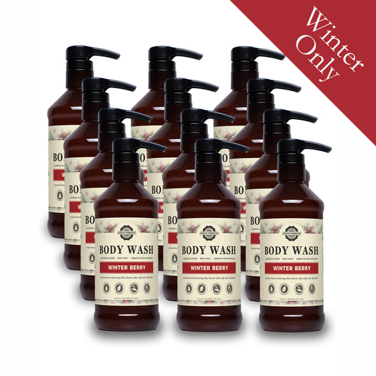 Rustic Strength, Body Wash, 16oz amber plastic bottle with pump, Winter Berry, 12-pack with Winter Only badge