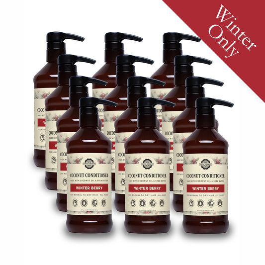 Rustic Strength, Coconut Conditioner, 16oz amber plastic bottle with pump, Winter Berry, 12-pack with Winter Only badge