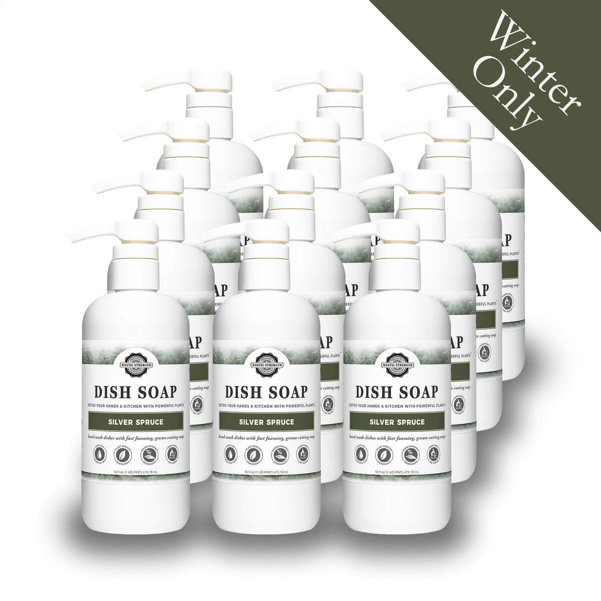 Rustic Strength, Dish Soap, 16oz plastic bottle with pump, Silver Spruce, 12-pack with Winter Only badge