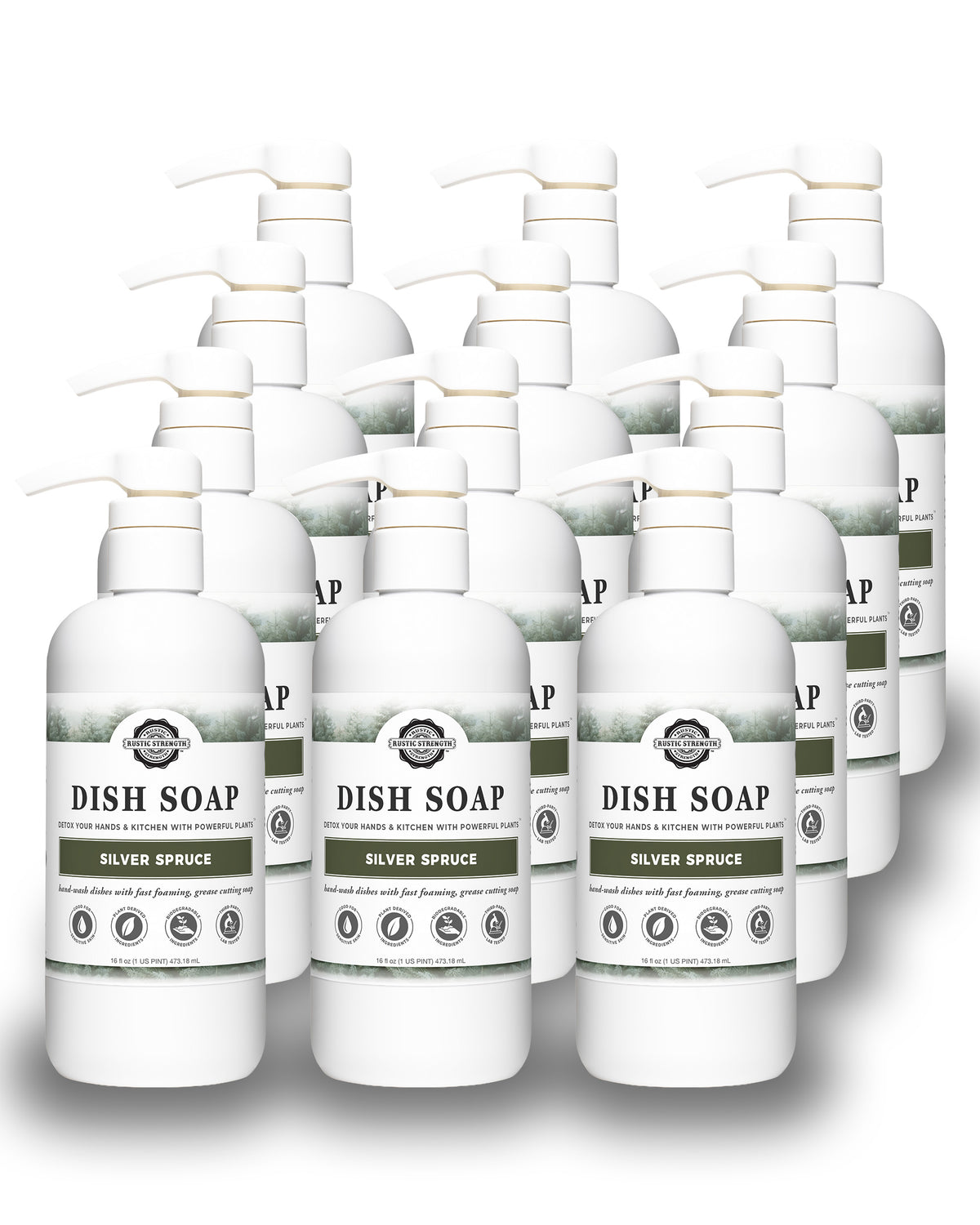 Rustic Strength, Dish Soap, 16oz plastic bottle with pump, Silver Spruce, 12-pack