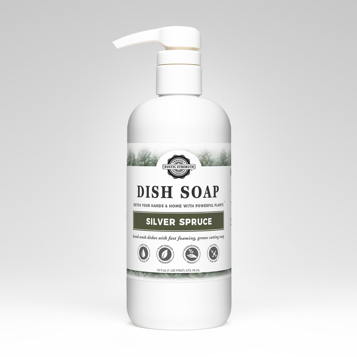 Rustic Strength, Dish Soap, 16oz plastic bottle with pump, Silver Spruce