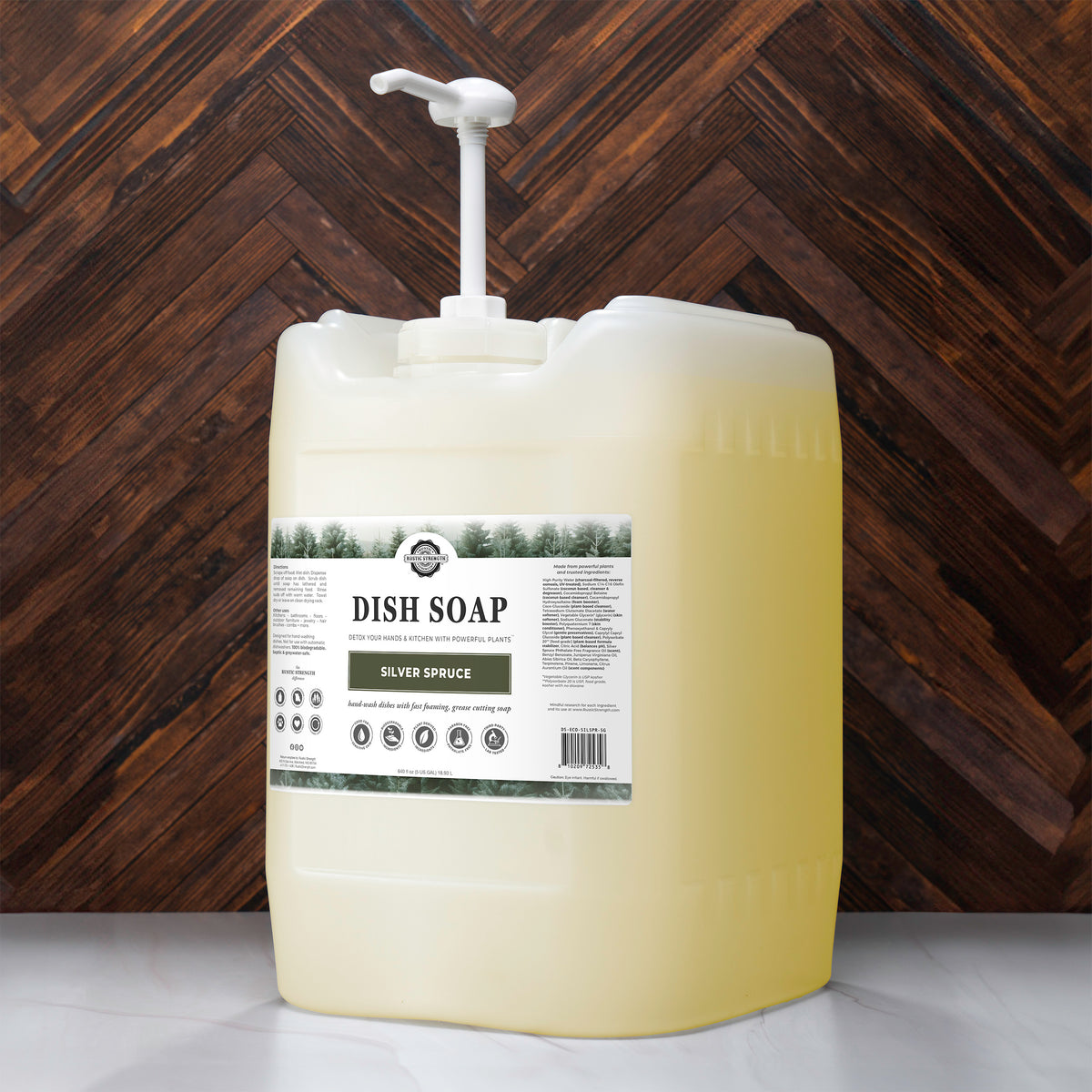 Rustic Strength, Dish Soap, 5 Gallon, Eco-Jug with pump, Silver Spruce