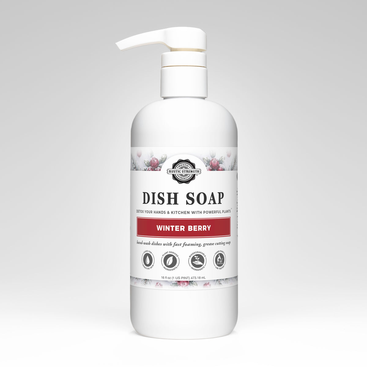 Rustic Strength, Dish Soap, 16oz, plastic bottle with pump, Winter Berry