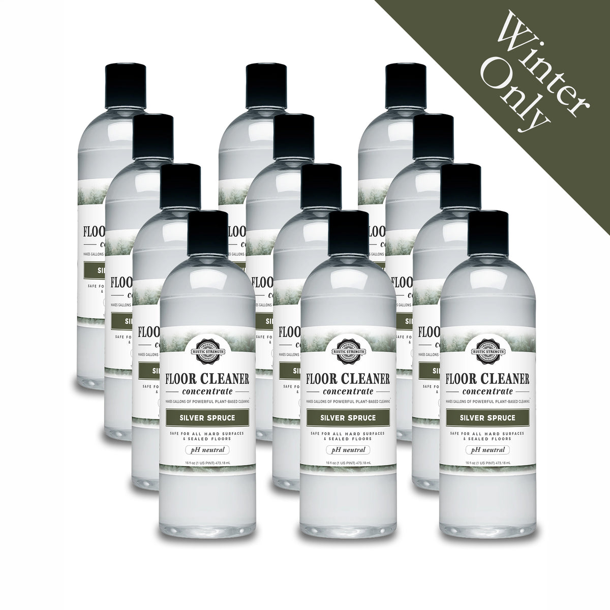 Rustic Strength, Floor Cleaner Concentrate, 16oz plastic bottle with disc top, Silver Spruce, 12-pack with Winter Only badge