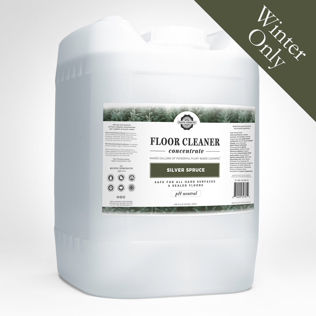 Rustic Strength, Floor Cleaner Concentrate, 5 Gallon, Eco-Jug, Silver Spruce, with Winter Only badge