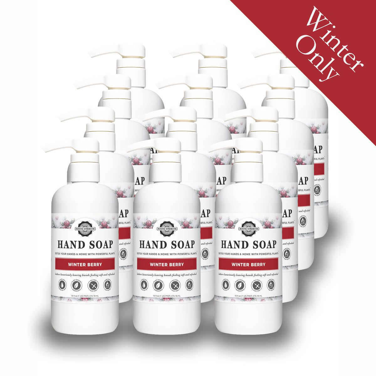 Rustic Strength, Hand Soap, 16oz, plastic bottle with pump, Winter Berry, 12-pack with Winter Only badge