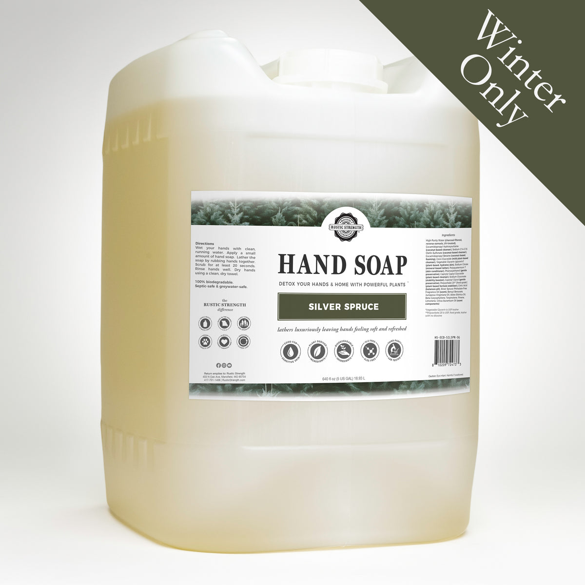 Rustic Strength, Hand Soap, 5 Gallon, Eco-Jug, Silver Spruce with Winter Only badge