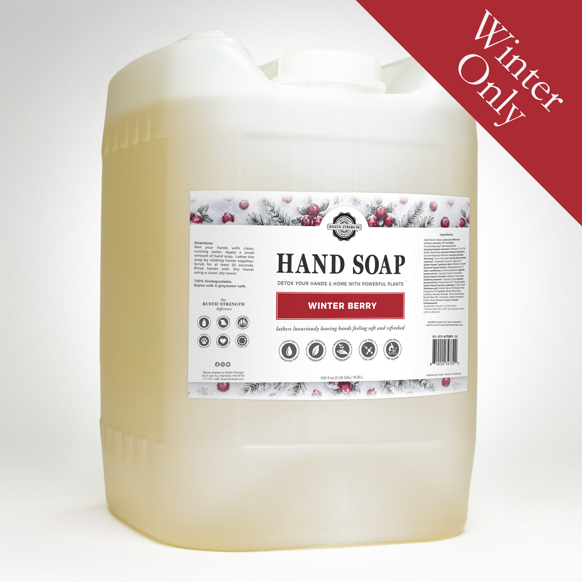 Rustic Strength, Hand Soap, 5 Gallon, Eco-Jug, Winter Berry with Winter Only badge