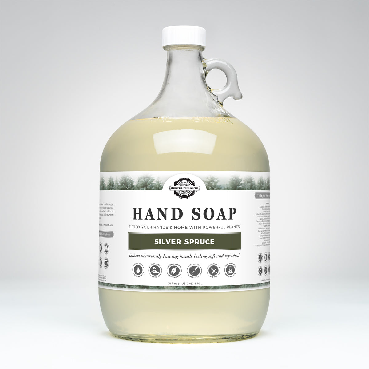 Rustic Strength, Hand Soap, 1 Gallon, Glass Jug, Silver Spruce