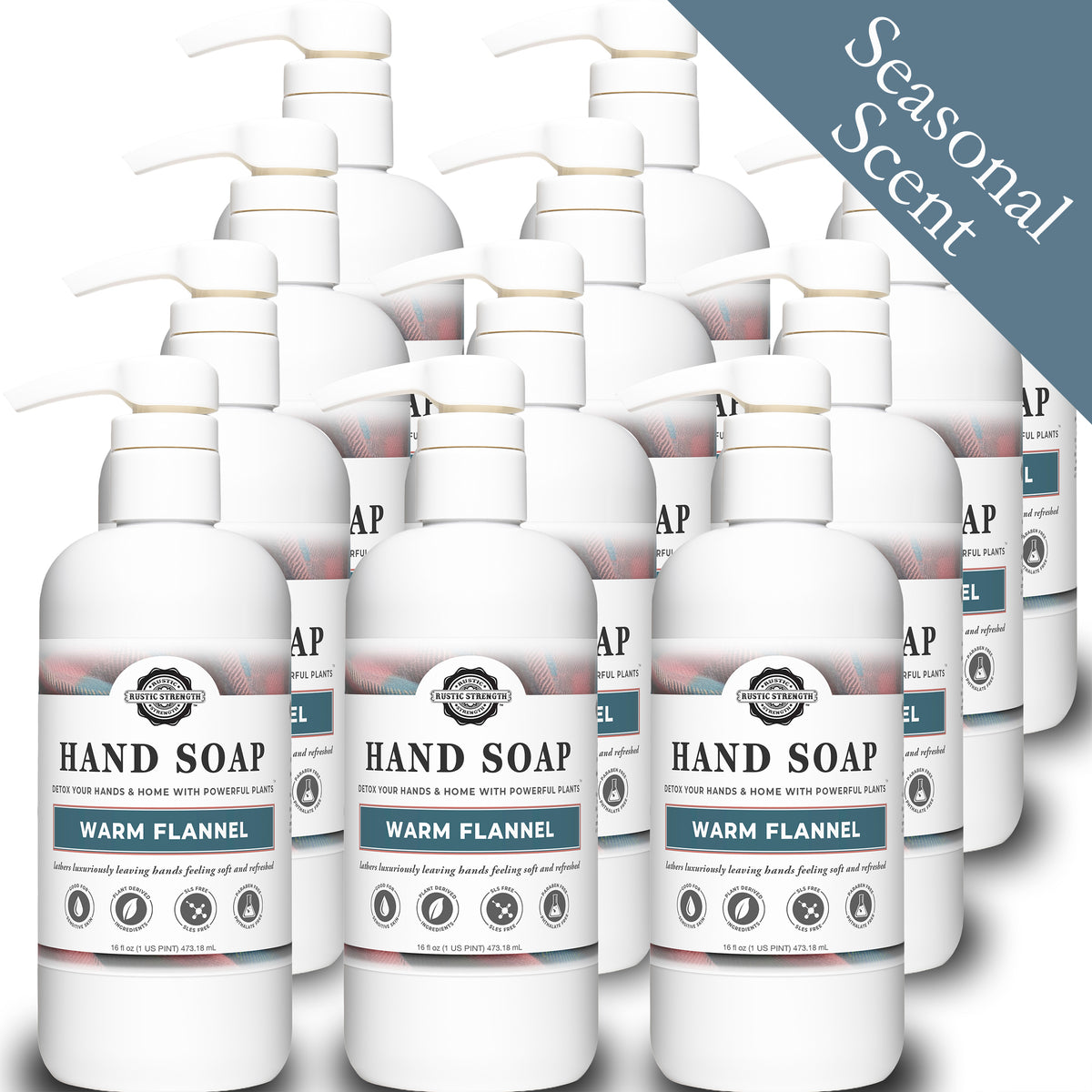 Rustic Strength, Hand Soap, 16oz plastic bottle with pump, Warm Flannel, 12-pack with Seasonal Scent badge