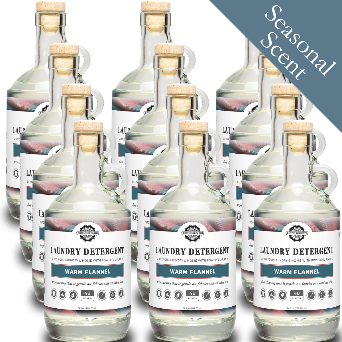 Rustic Strength, Laundry Detergent, 24oz Glass Jug, Warm Flannel, 12-pack with Seasonal Scent badge