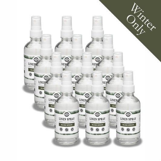 Rustic Strength, Linen Spray, 4oz glass bottle with spray top, Silver Spruce, 12-pack, with Winter Only badge