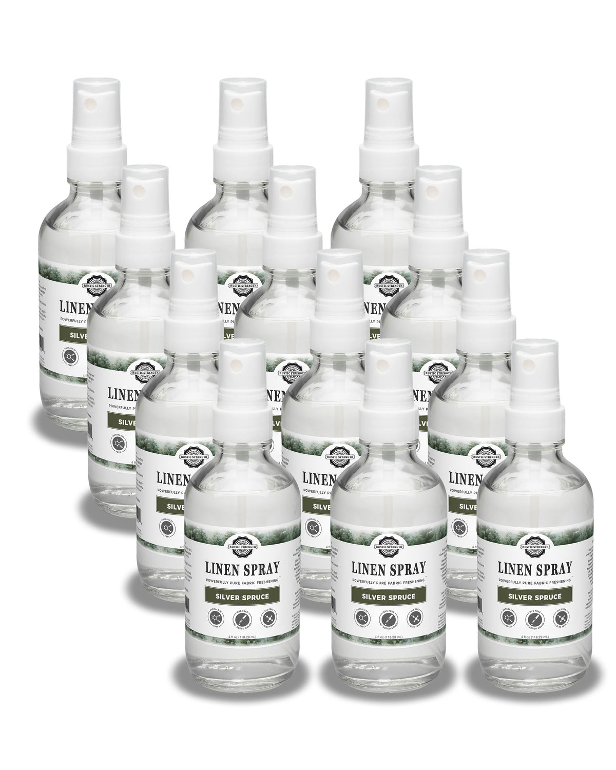 Rustic Strength, Linen Spray, 4oz glass bottle with spray top, Silver Spruce, 12-pack