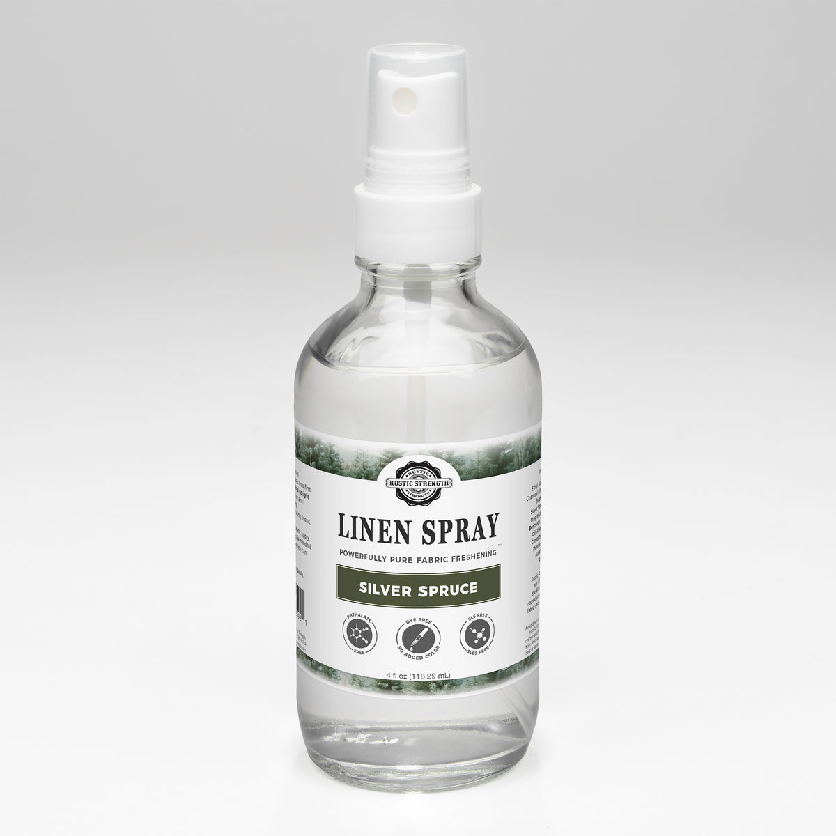 Rustic Strength, Linen Spray, 4oz glass bottle with spray top, Silver Spruce