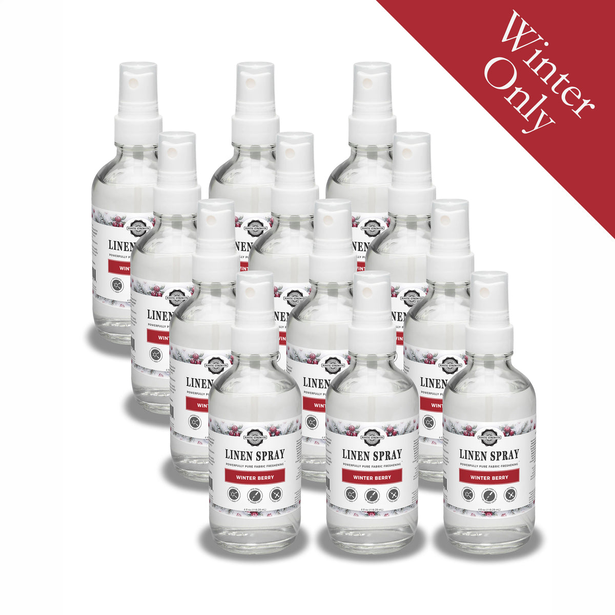 Rustic Strength, Linen Spray, 4oz bottle with spray top, Winter Berry, 12-pack with Winter Only badge