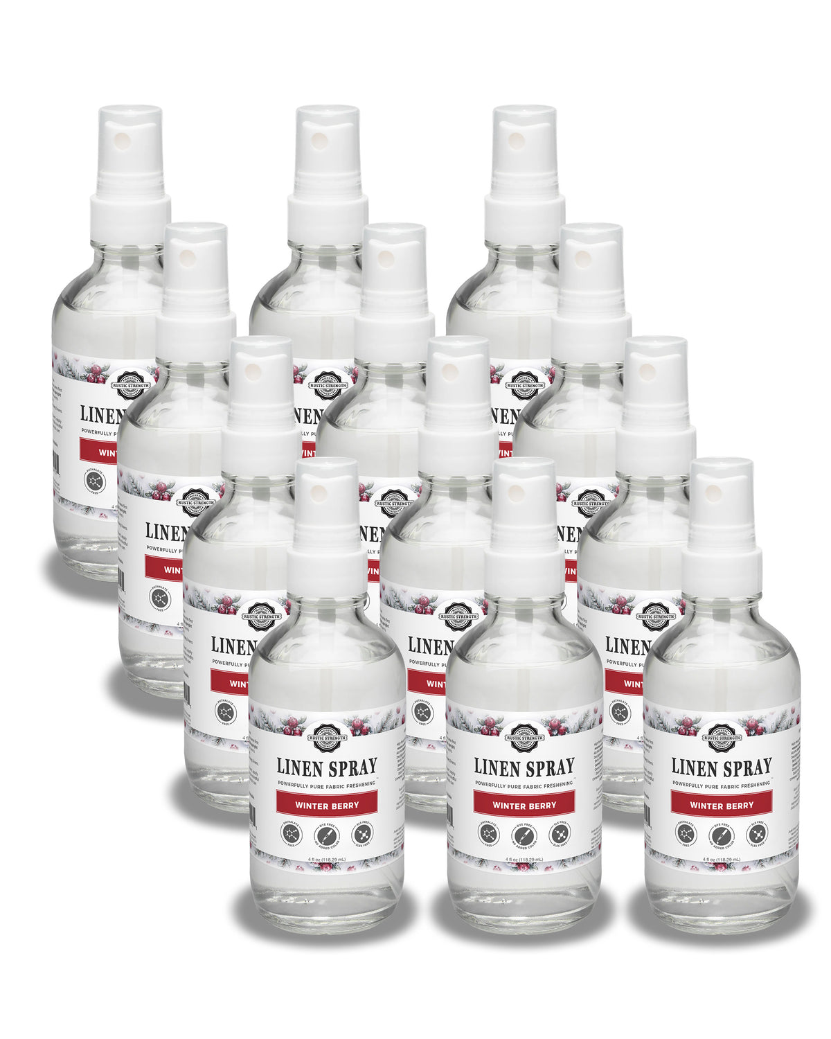 Rustic Strength, Linen Spray, 4oz bottle with spray top, Winter Berry, 12-pack