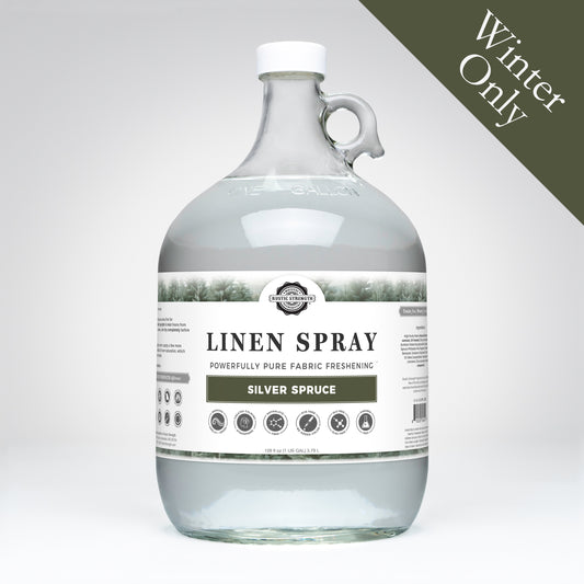 Rustic Strength, Linen Spray, 1 Gallon, Glass Jug, Silver Spruce with Winter Only badge