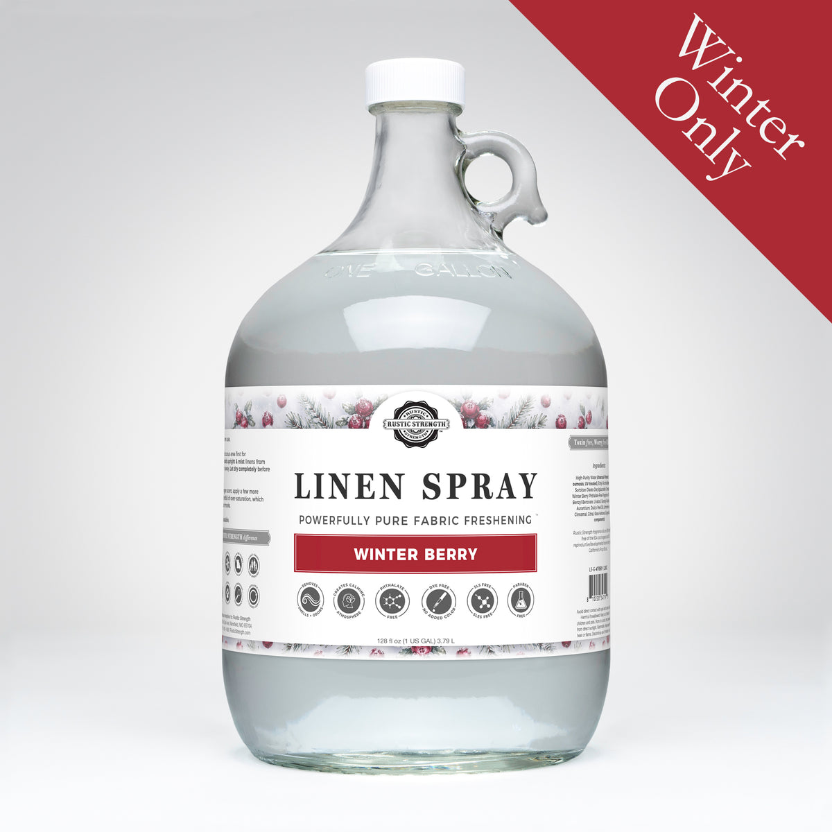 Rustic Strength, Linen Spray, 1 Gallon, Glass Jug, Winter Berry with Winter Only badge
