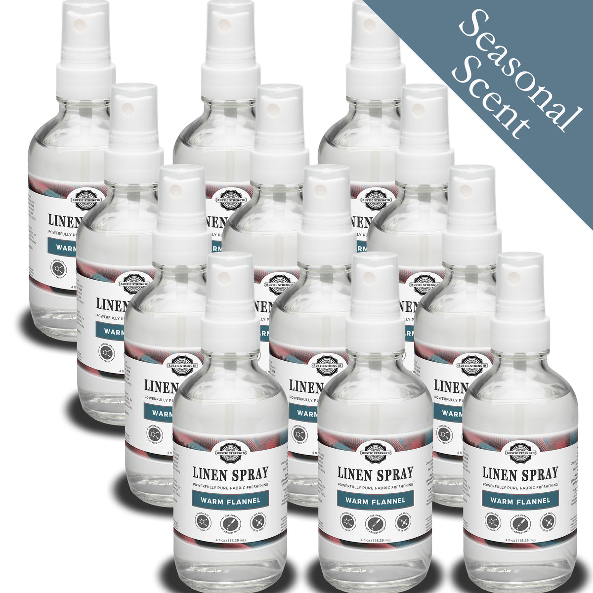 Rustic Strength, Linen Spray, 4oz Glass Spray Bottle, Warm Flannel, 12-pack with Seasonal Scent badge