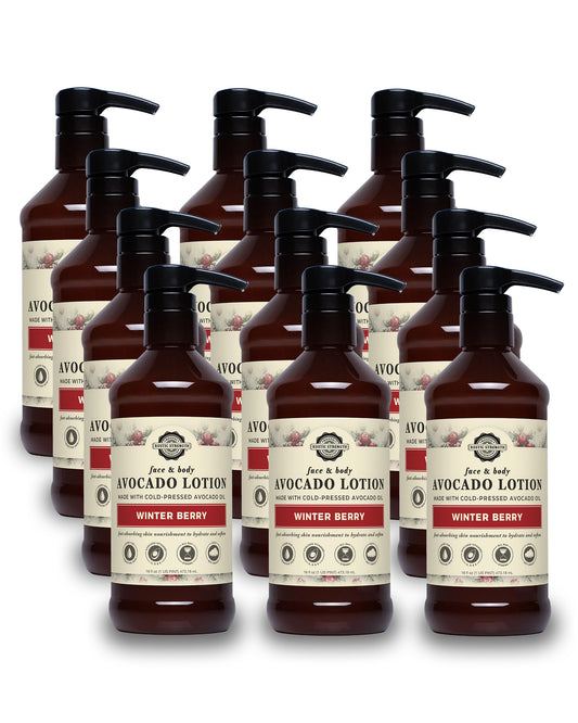 Rustic Strength, Avocado Lotion, 16oz amber plastic bottle with pump, Winter Berry, 12-pack