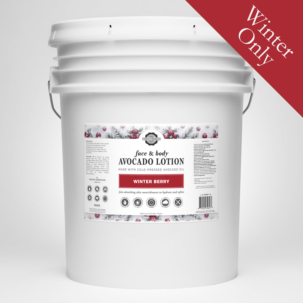 Rustic Strength, Avocado Lotion, 5 Gallon, Bucket, Winter Berry with Winter Only badge