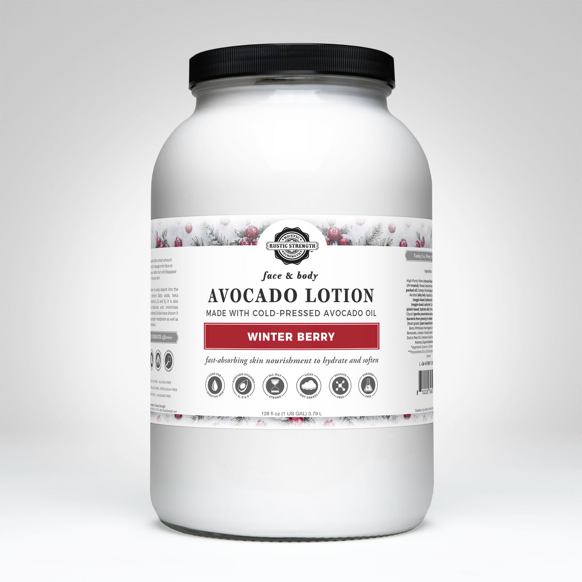 Rustic Strength, Avocado Lotion, 1 Gallon, Glass Jar, Winter Berry