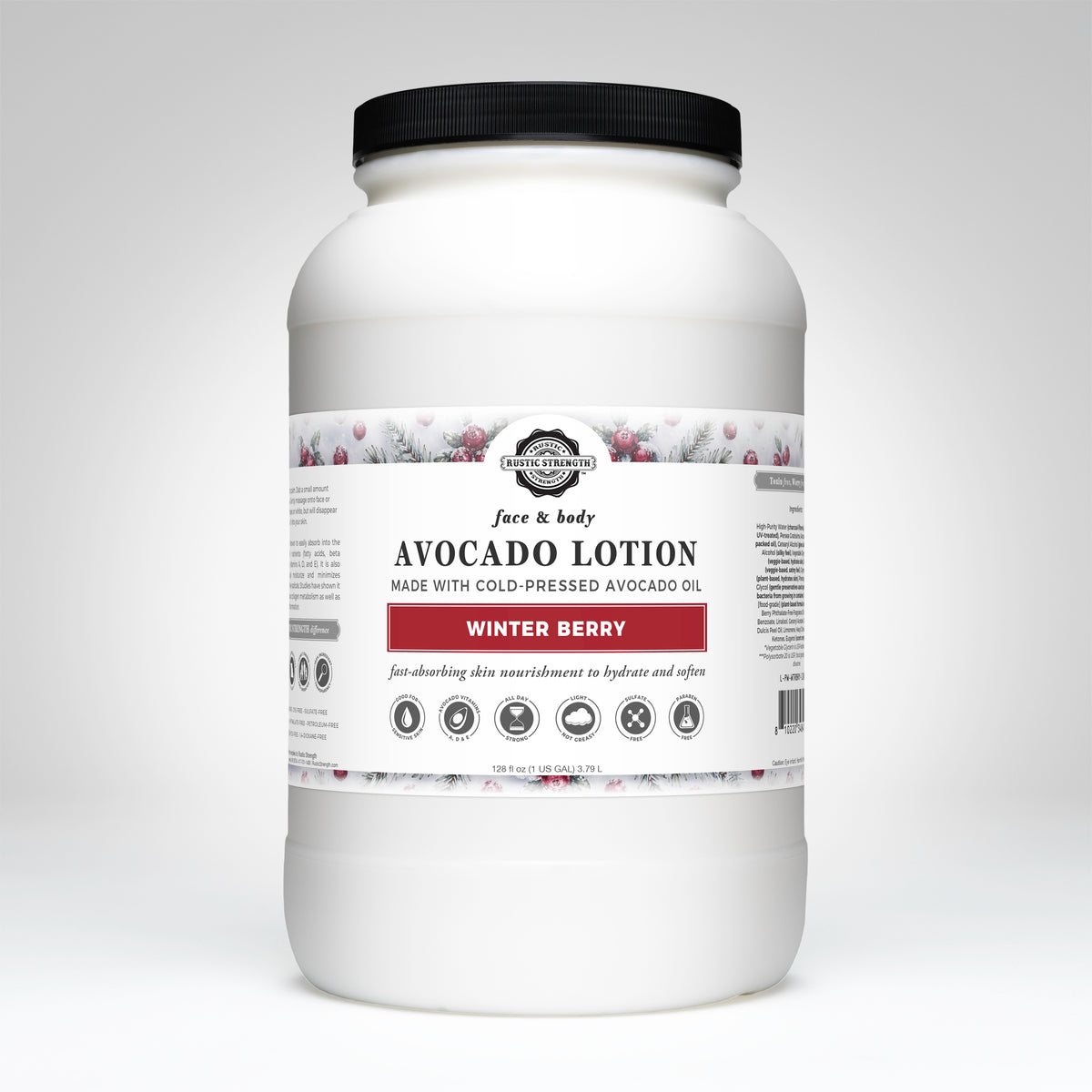 Rustic Strength, Avocado Lotion, 1 Gallon, Plastic Jar, Winter Berry