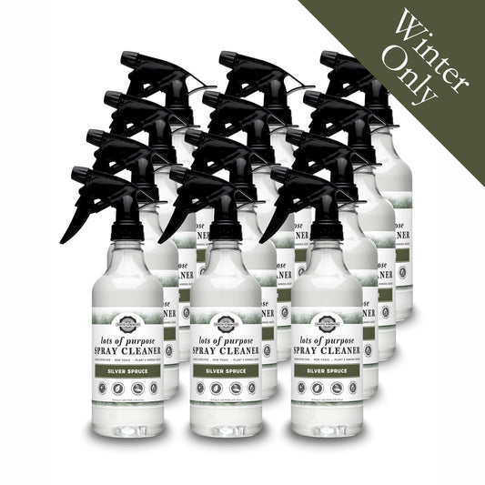 Rustic Strength, Lots of Purpose spray cleaner, 16oz plastic bottle with spray top, Silver Spruce, 12-pack with Winter Only badge
