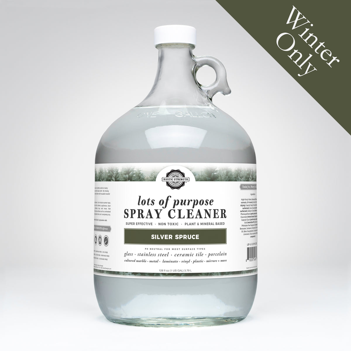 Rustic Strength, Lots of Purpose Spray Cleaner, 1 Gallon, Glass Jug, Silver Spruce with Winter Only badge