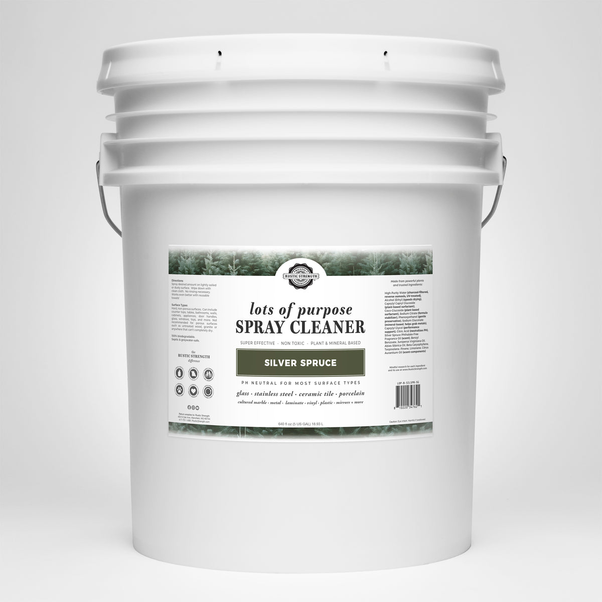 Rustic Strength, Lots of Purpose Spray Cleaner, 5 Gallon, Bucket, Silver Spruce 