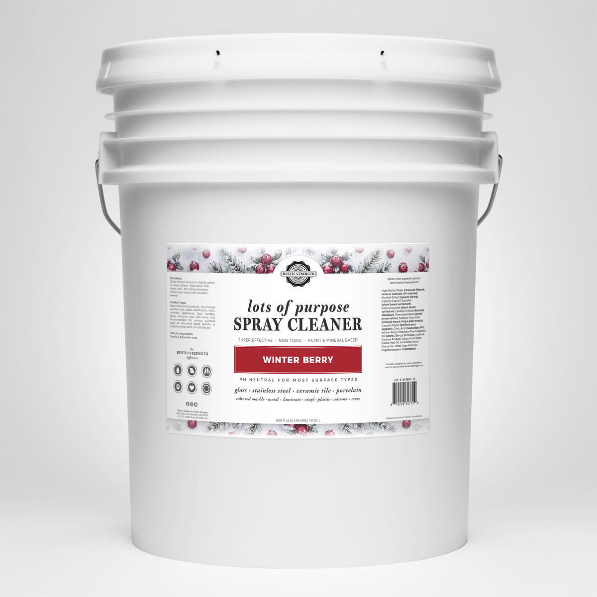 Rustic Strength, Lots of Purpose Spray Cleaner, 5 Gallon, Bucket, Winter Berry