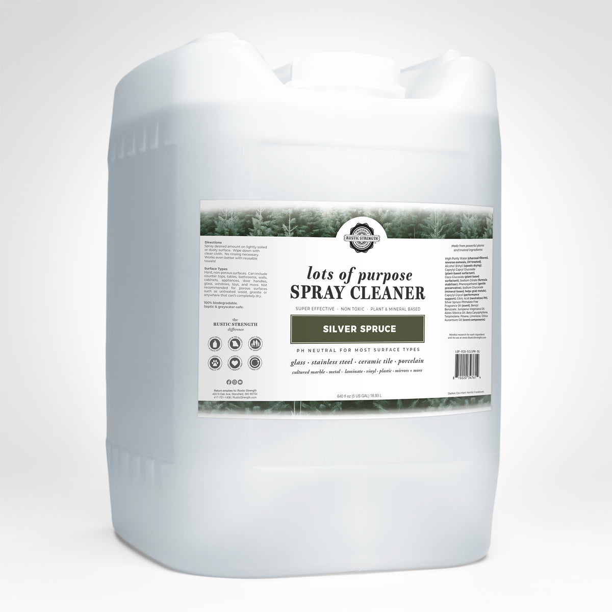 Rustic Strength, Lots of Purpose Spray Cleaner, 5 Gallon, Eco-Jug, Silver Spruce 