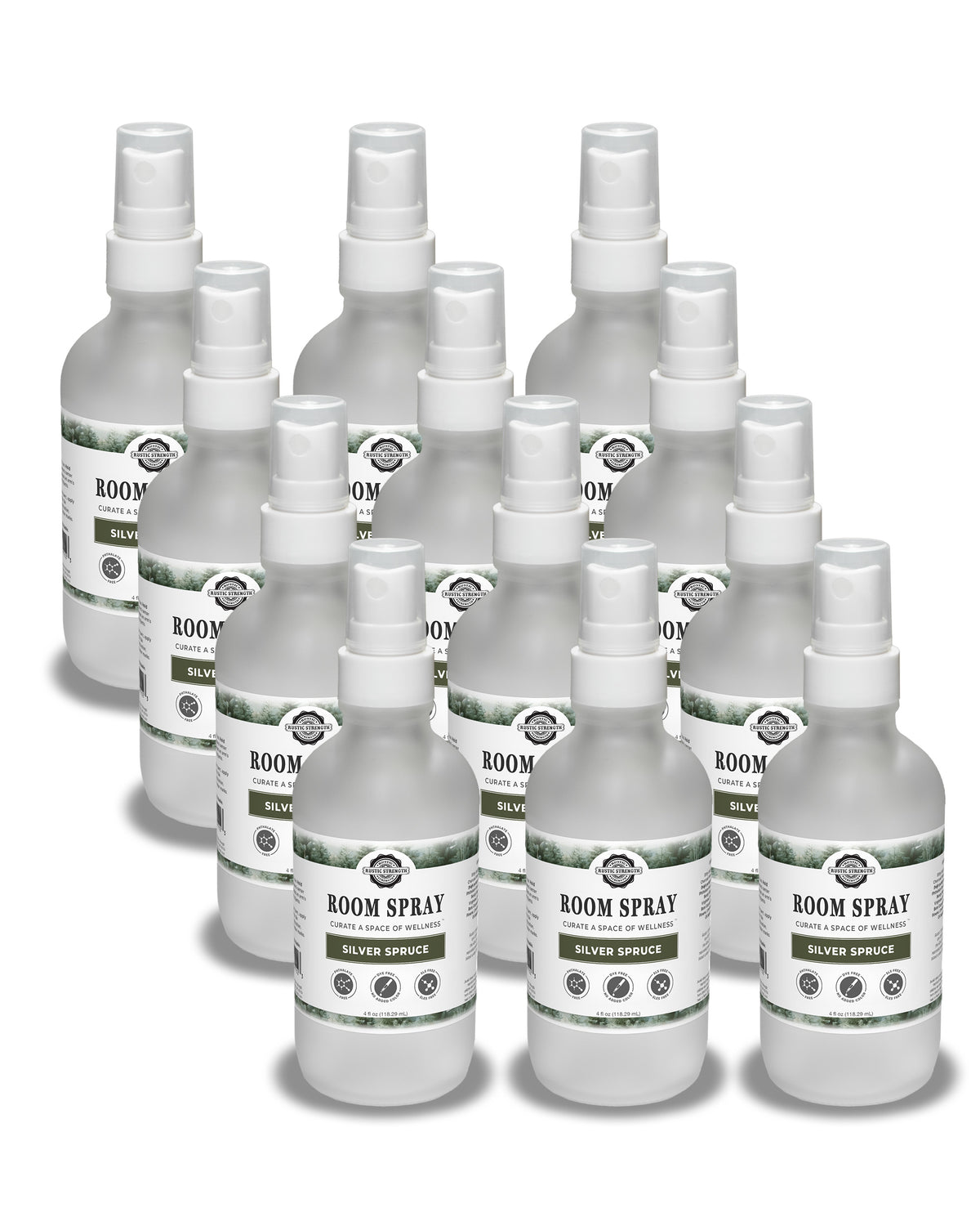 Rustic Strength, Room Spray, 4oz glass bottle with spray top, Silver Spruce, 12-pack