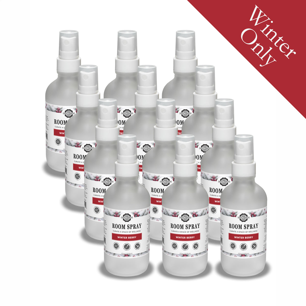 Rustic Strength, Room Spray, 4oz, glass with spray top, Winter Berry, 12-pack with Winter Only badge