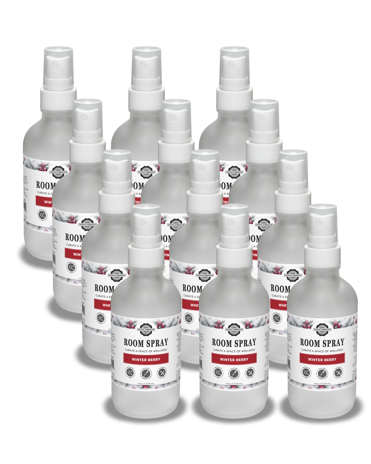 Rustic Strength, Room Spray, 4oz, glass with spray top, Winter Berry, 12-pack