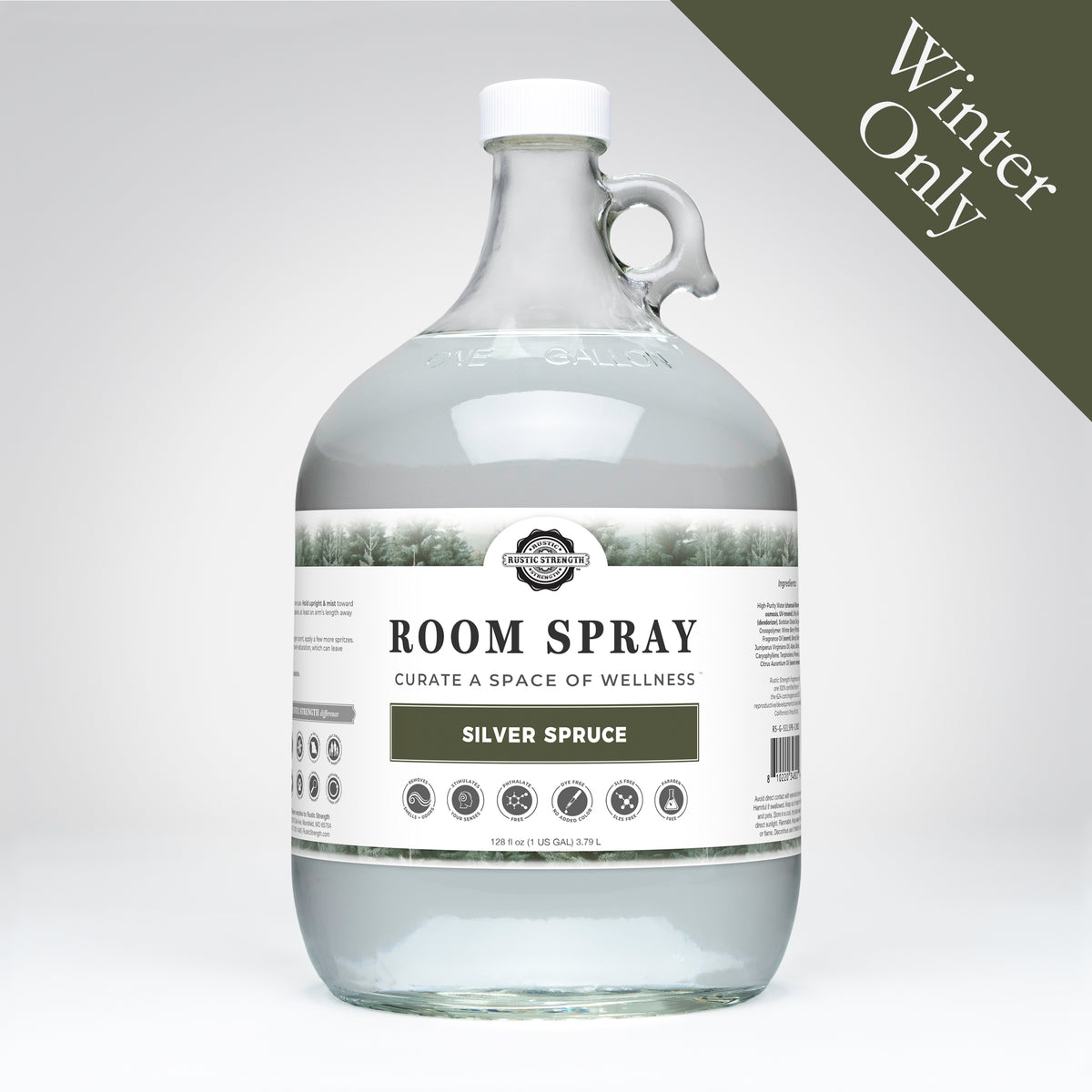 Rustic Strength, Room Spray, 1 Gallon Glass Jug, Silver Spruce with Winter Only badge