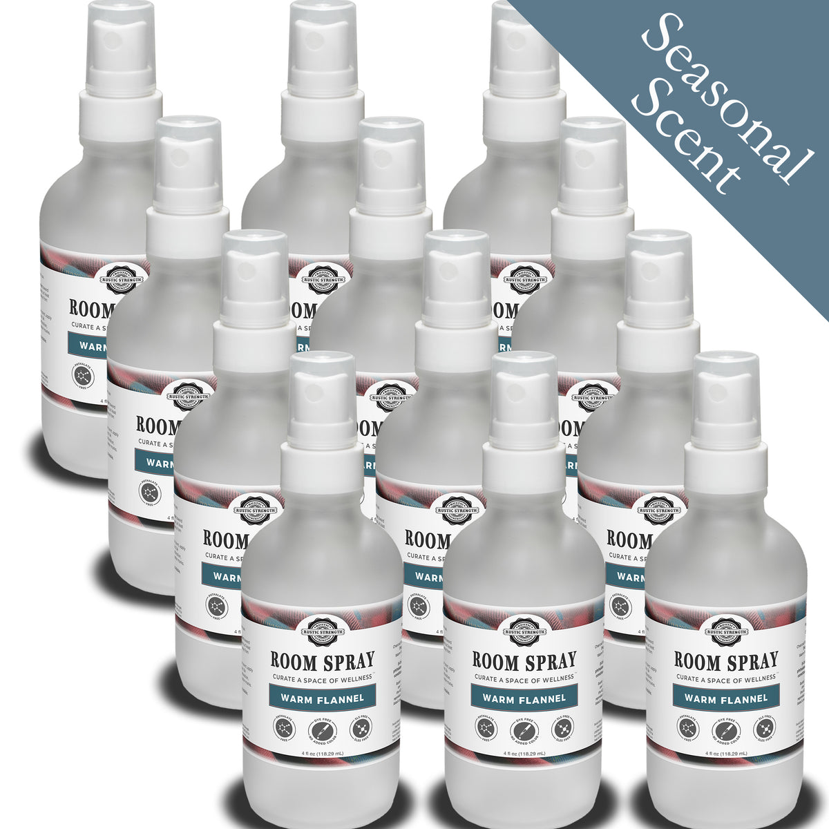 Rustic Strength, Room Spray, 4oz Glass Spray Bottle, Warm Flannel, 12-pack with Seasonal Scent badge