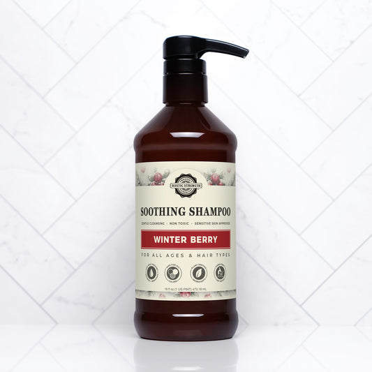 Rustic Strength, Soothing Shampoo, 16oz amber plastic bottle with pump, Winter Berry