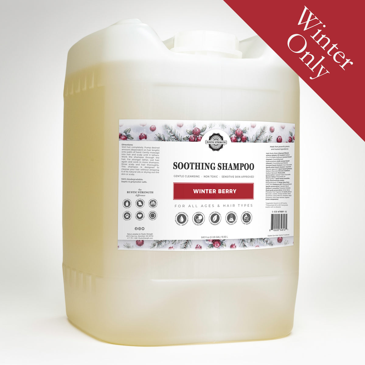 Rustic Strength, Soothing Shampoo, 5 Gallon, Eco-Jug, Winter Berry with Winter Only badge